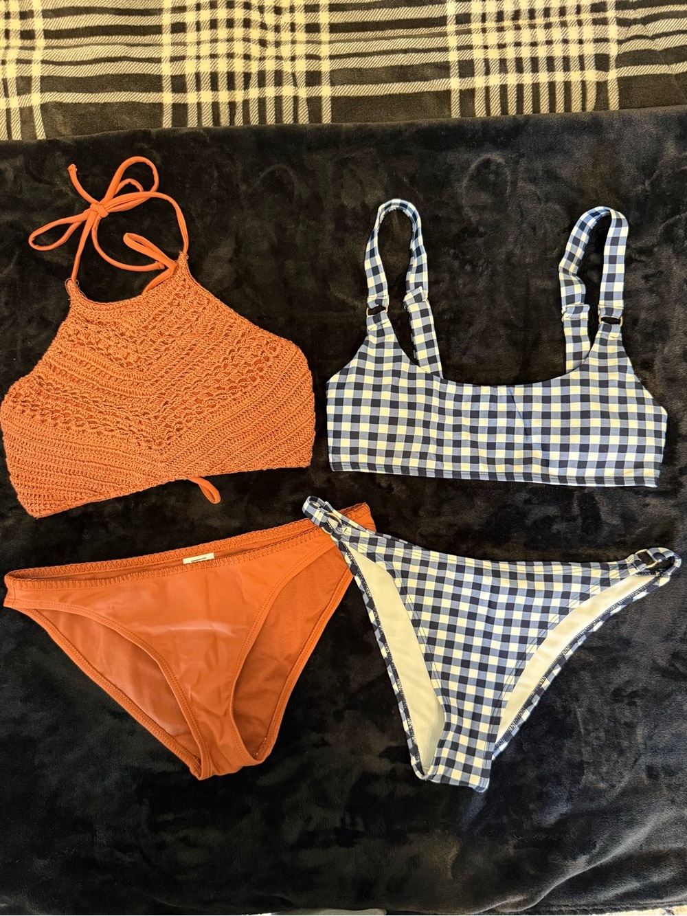 Orange Crochet Halter Bikini set + Navy Gingham Bikini Set